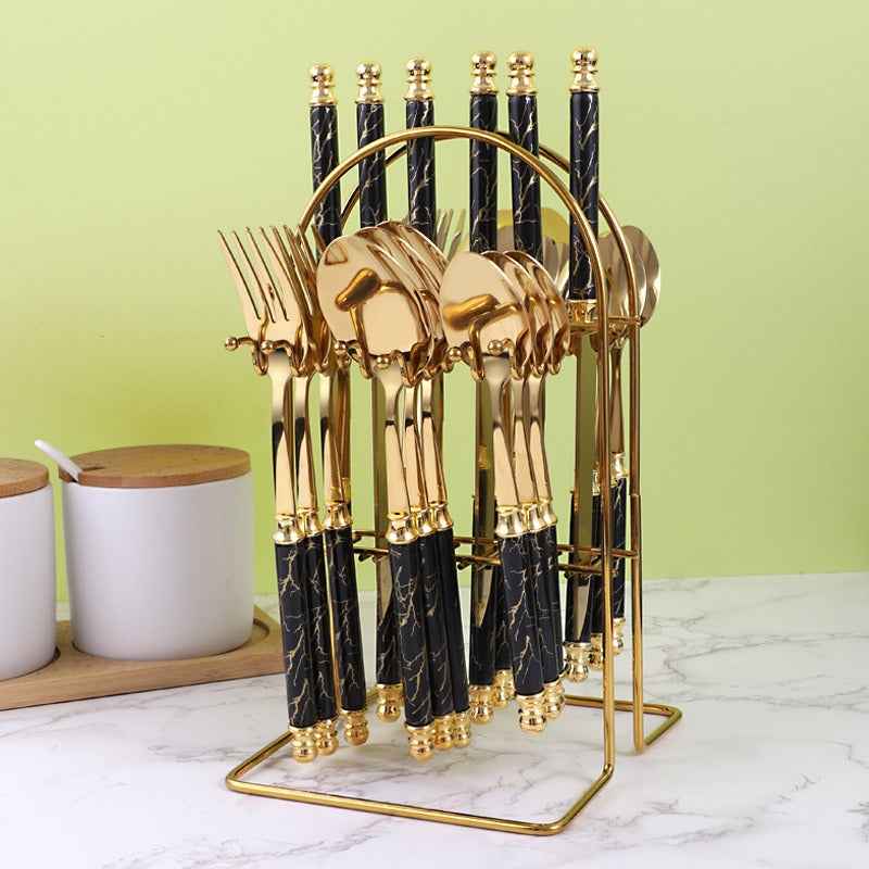 410 stainless steel knife, fork, spoon set, European style hotel Western tableware, golden dessert spoon set, 24 pieces by eprolo