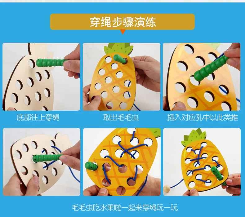 Wooden fruit threading board placed in Montessori early education threading game by eprolo