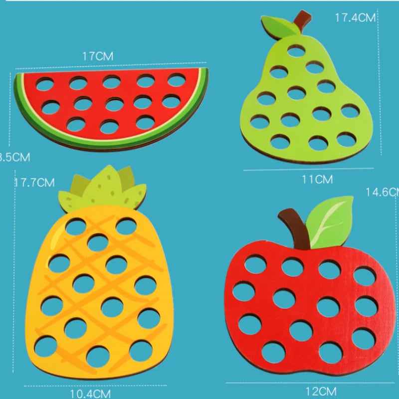 Wooden fruit threading board placed in Montessori early education threading game by eprolo