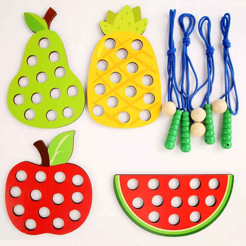 Wooden fruit threading board placed in Montessori early education threading game by eprolo