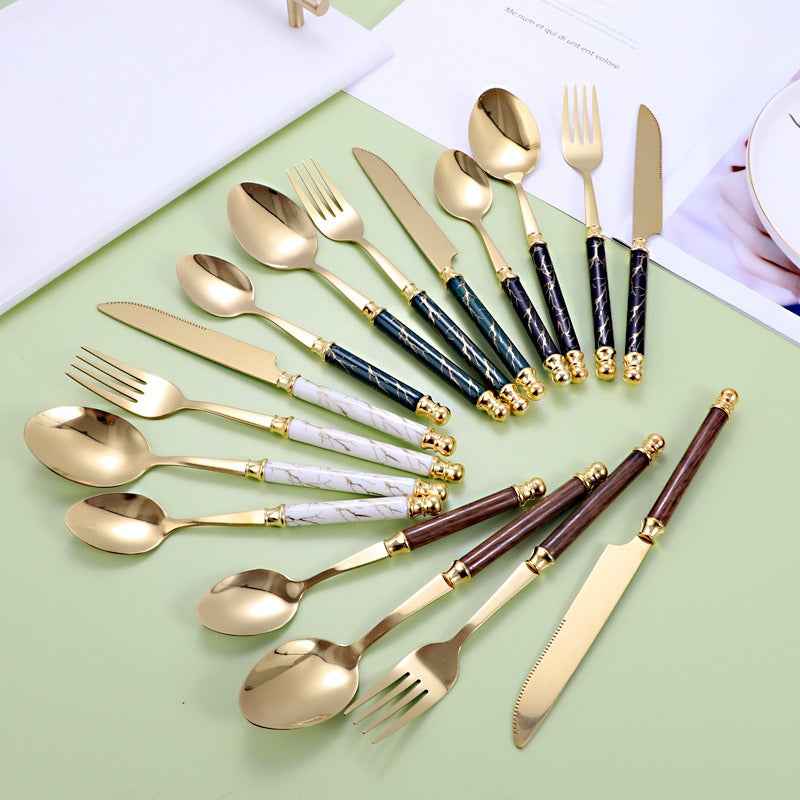 410 stainless steel knife, fork, spoon set, European style hotel Western tableware, golden dessert spoon set, 24 pieces by eprolo