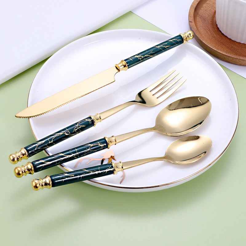 410 stainless steel knife, fork, spoon set, European style hotel Western tableware, golden dessert spoon set, 24 pieces by eprolo