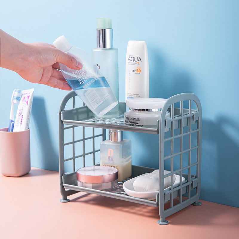 Double Storage Rack Kitchen Small Shelf Desktop Storage Rack Bathroom Sink Plastic Organizing Rack by eprolo