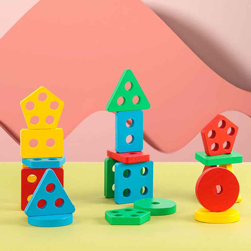 Wooden geometric shape matching puzzle column children's early education color cognitive building blocks Christmas toy gift by eprolo