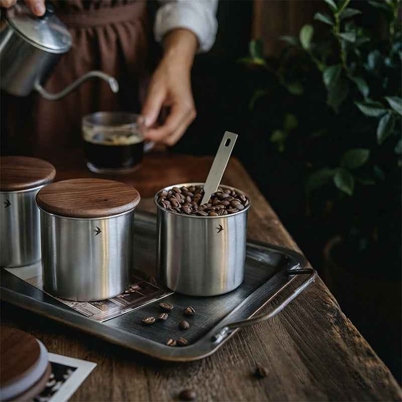 New Stainless Steel Matcha Tea Canister 380ml 560ml with Wood Lid – Sugar Caramel Storage Jar by eprolo