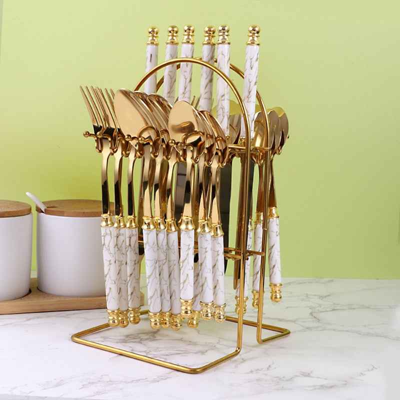 410 stainless steel knife, fork, spoon set, European style hotel Western tableware, golden dessert spoon set, 24 pieces by eprolo