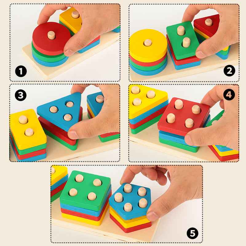 Wooden geometric shape matching puzzle column children's early education color cognitive building blocks Christmas toy gift by eprolo