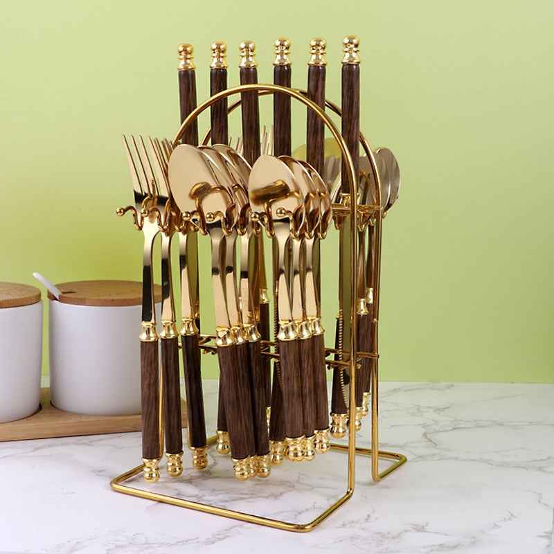 410 stainless steel knife, fork, spoon set, European style hotel Western tableware, golden dessert spoon set, 24 pieces by eprolo