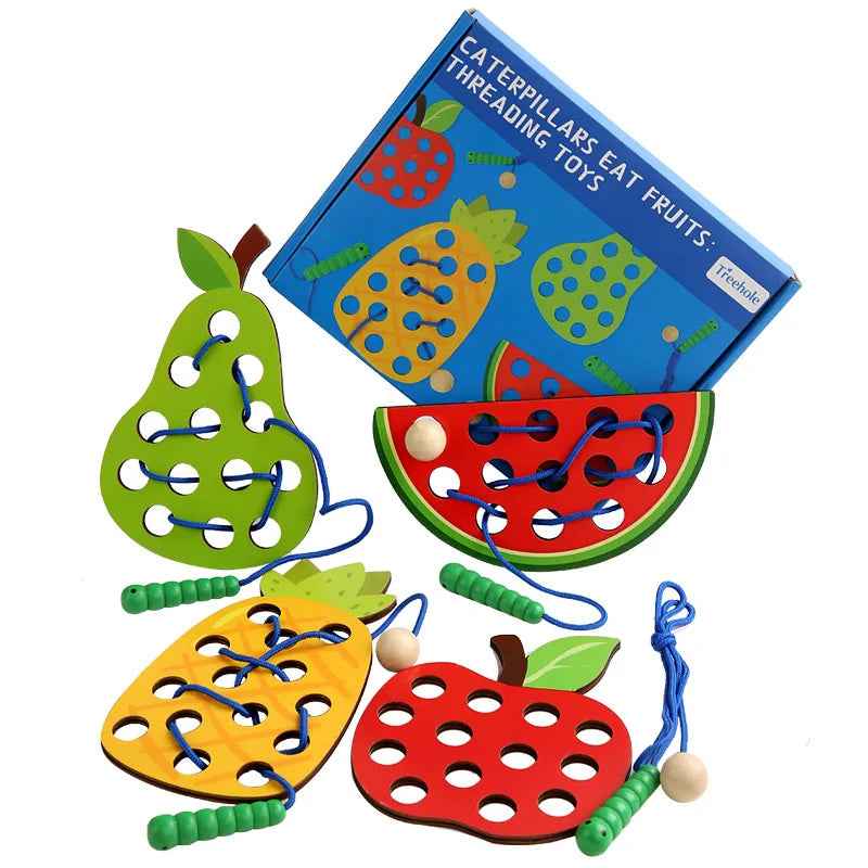 Wooden fruit threading board placed in Montessori early education threading game by eprolo