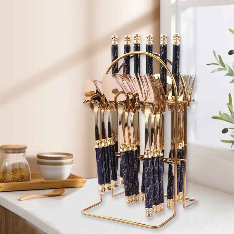 410 stainless steel knife, fork, spoon set, European style hotel Western tableware, golden dessert spoon set, 24 pieces by eprolo