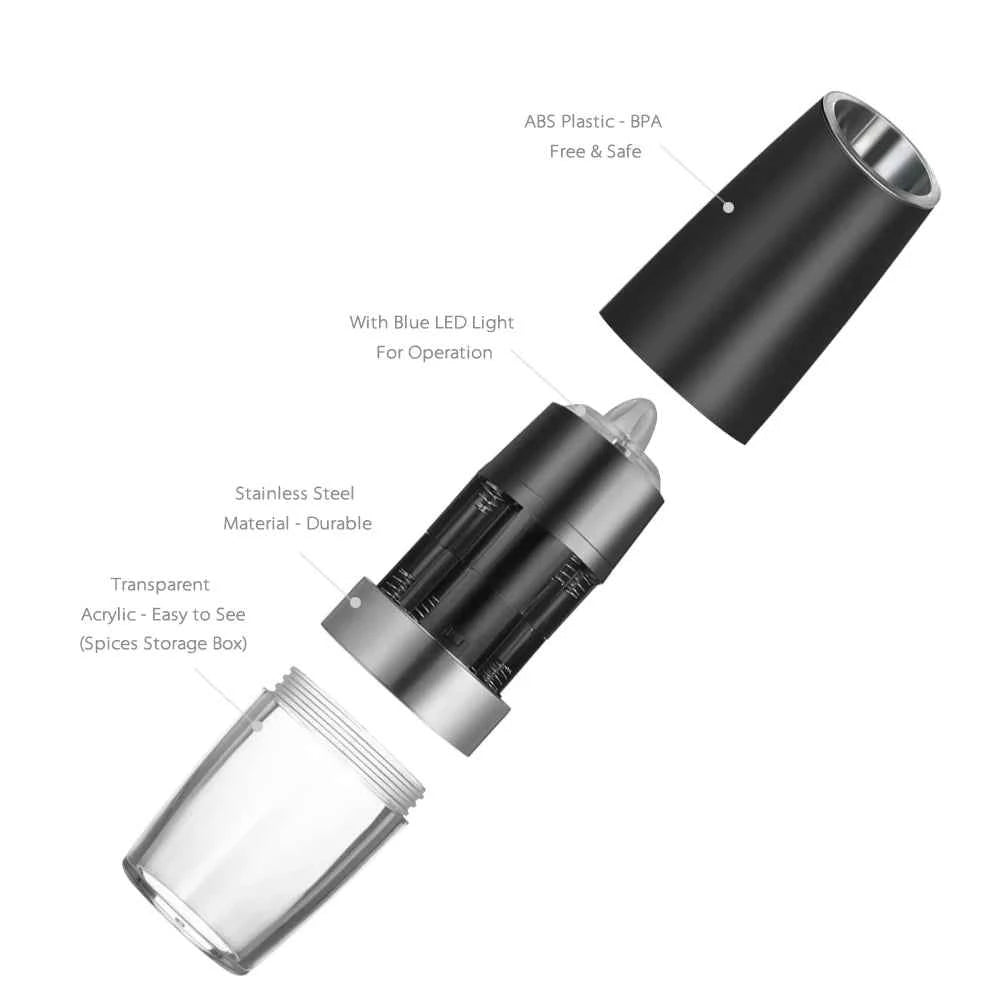 Homgeek Salt Pepper Mills Portable Automatic Electric Gravity Pepper Grinder Electric Pepper Grinder Kitchen Cooking BBQ Tools by eprolo